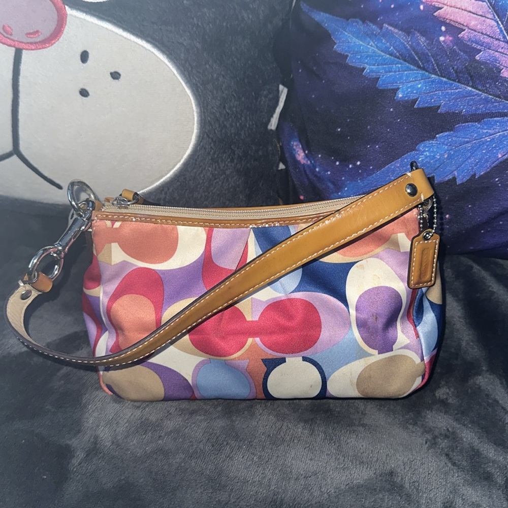 Coach multi colored nylon signature handbag with leather details